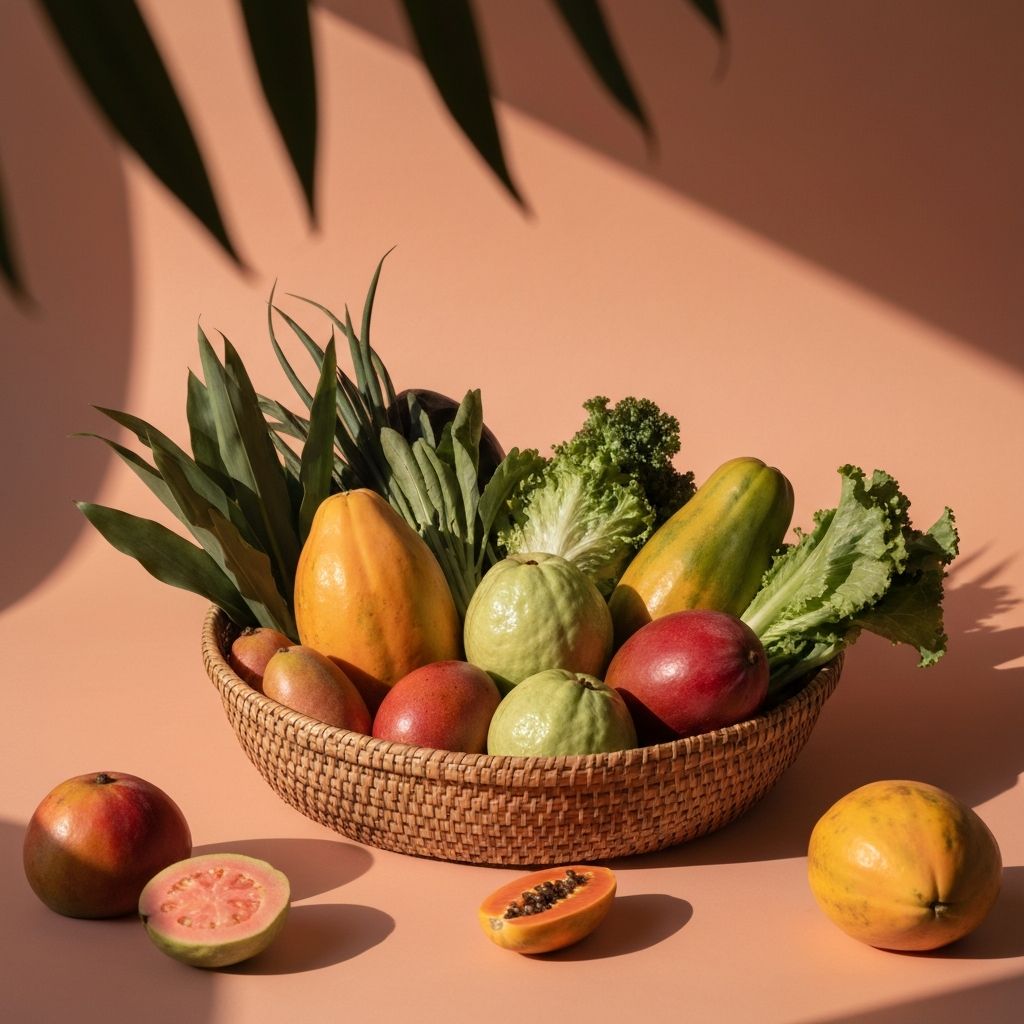 Soft hands arranging fresh tropical produce in woven basket