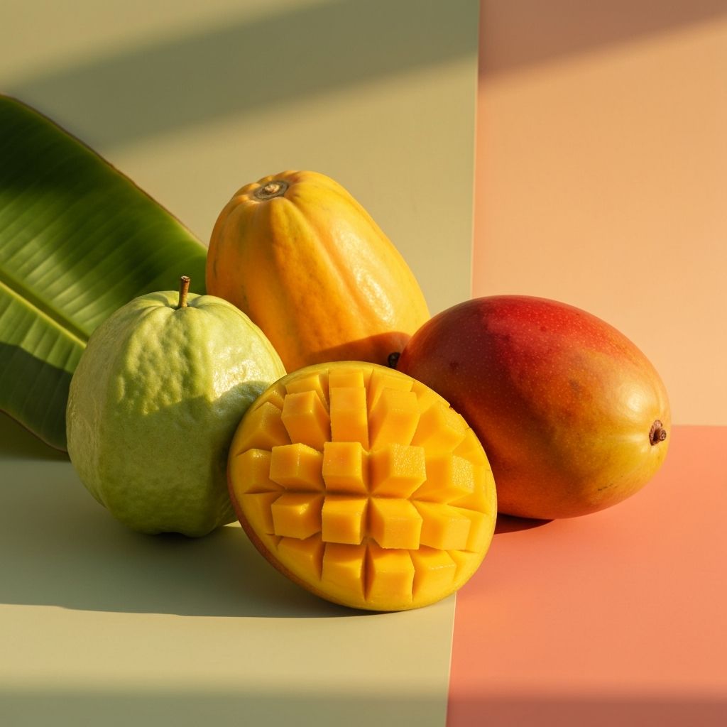 Composition of tropical fruits guava papaya mango with cross-sections and tropical light