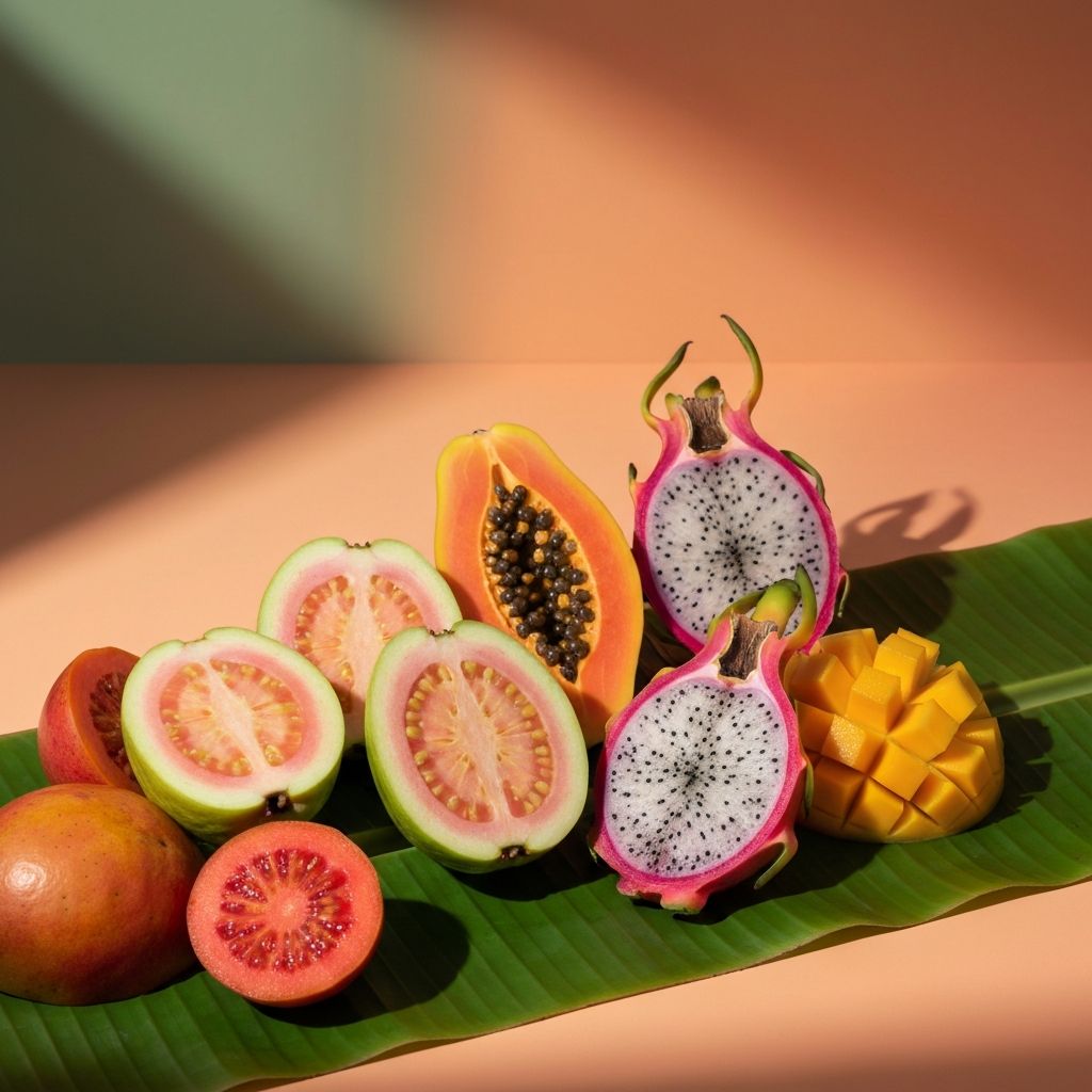 Sliced tropical fruits on banana leaf with golden light