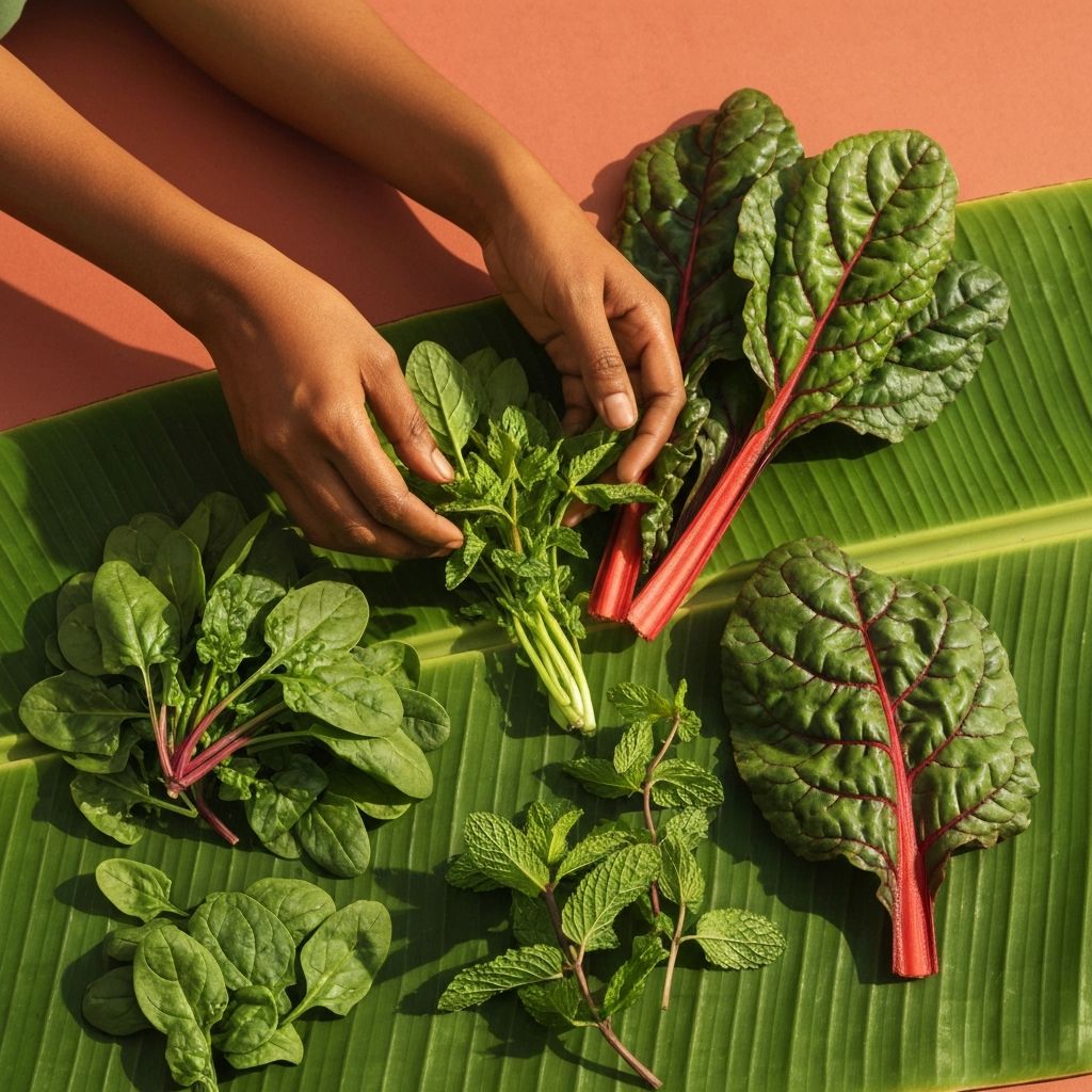 Fresh leafy greens and vegetables on banana leaf with tropical light