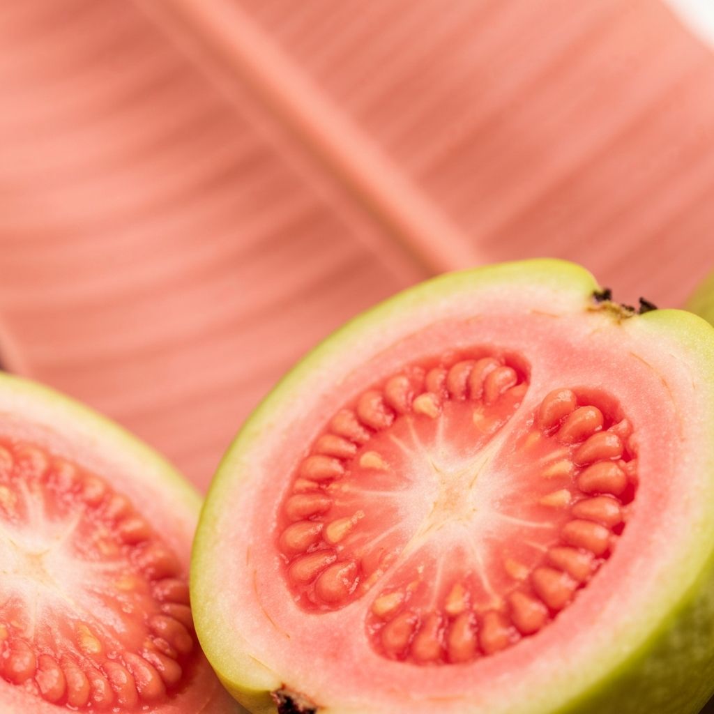 Fresh guava fruit cross-section with seeds and tropical light